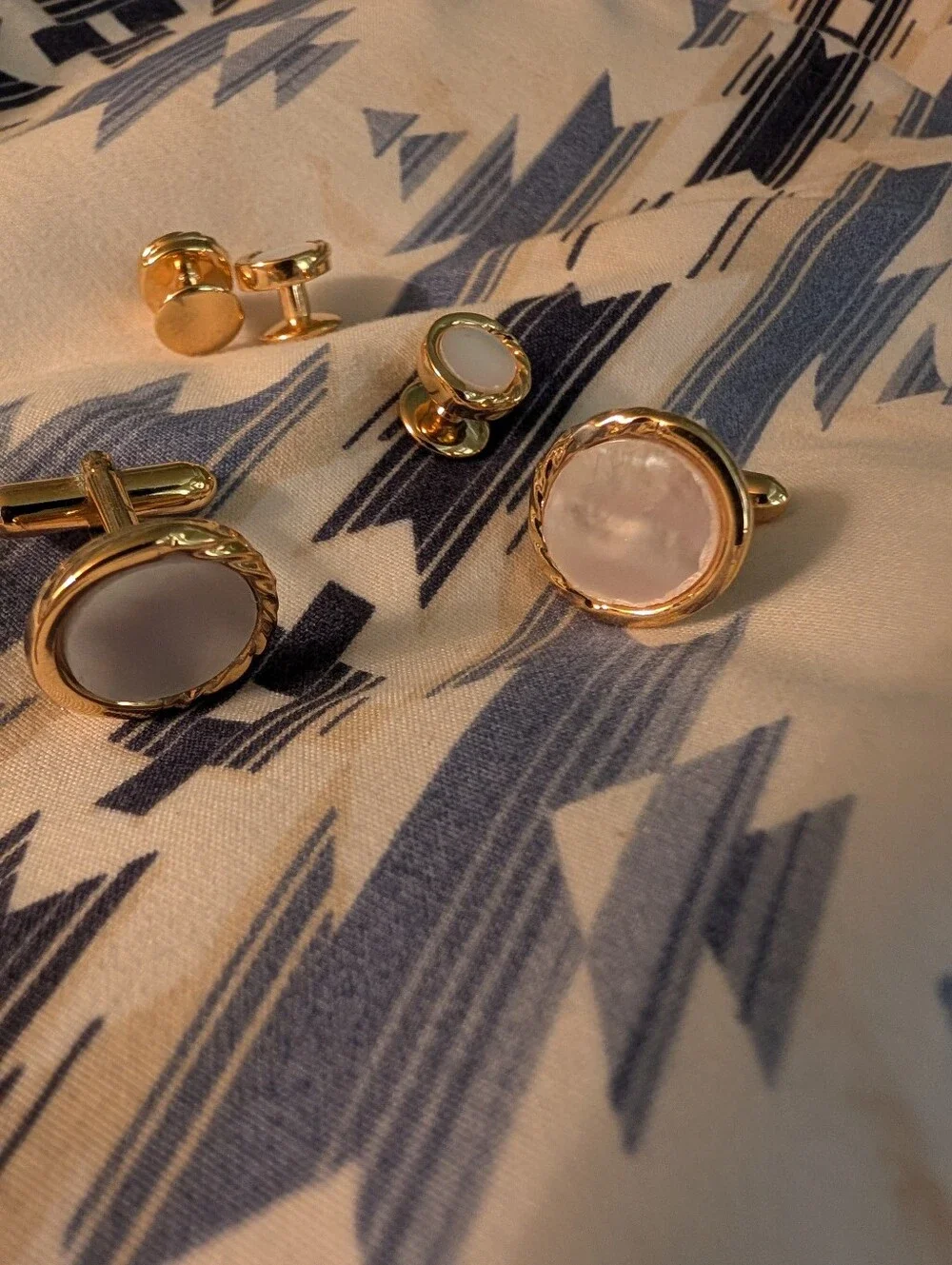 Vintage Gold-Tone Mother of Pearl Cufflinks And Tuxedo Button Set